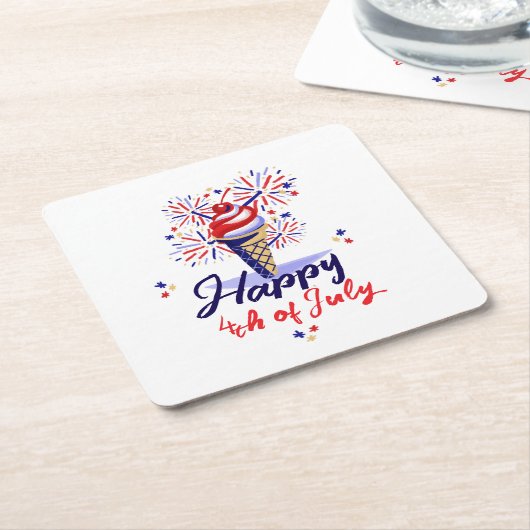 7月の幸せ4thアイスクリーム花火夏パーティー スクエアペーパーコースター (アングル)