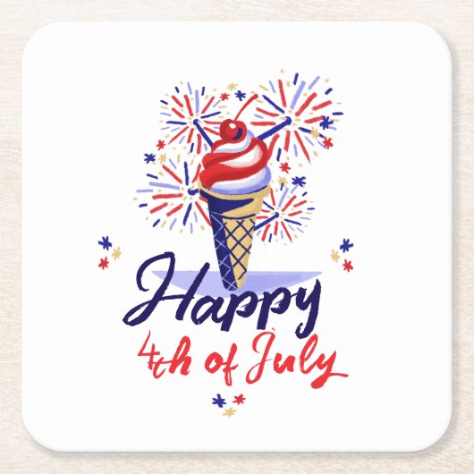 7月の幸せ4thアイスクリーム花火夏パーティー スクエアペーパーコースター (正面)