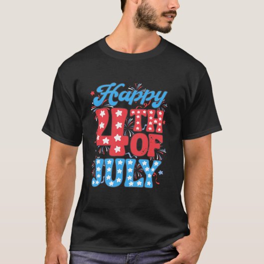 7月の幸せ4th愛国的なレトロ花火の男性を見る tシャツ (正面)