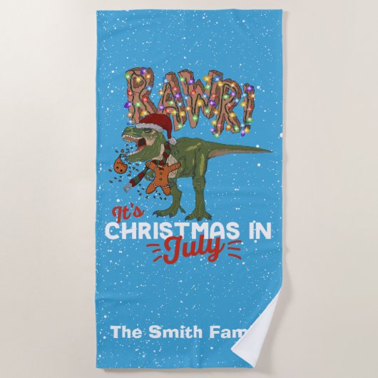 7月の恐竜のクリスマスおもしろい ビーチタオル (正面)