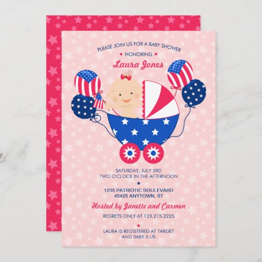 7月の愛国心が強い女の赤ちゃんのベビーシャワーのかわいい第4 招待状 (正面/裏面)