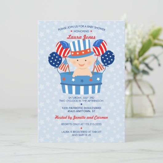 7月の愛国心が強い男の赤ちゃんのベビーシャワーのかわいい第4 招待状 (スタンド正面)
