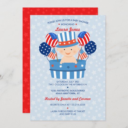 7月の愛国心が強い男の赤ちゃんのベビーシャワーのかわいい第4 招待状 (正面/裏面)