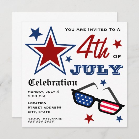 7月の愛国心が強い米国旗のサングラスの第4 招待状 (正面/裏面)