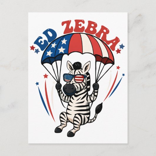 7月の愛国的なアメリカ国旗のEd Zebra Happy 4th ポストカード (正面)