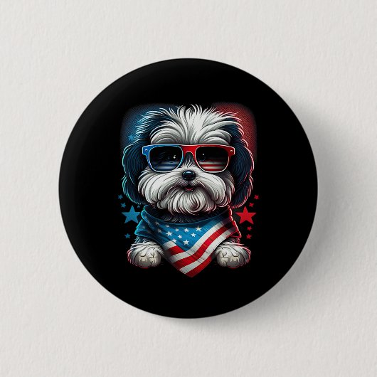 7月の愛国的なハバニーズ犬の米国国旗 缶バッジ (正面)