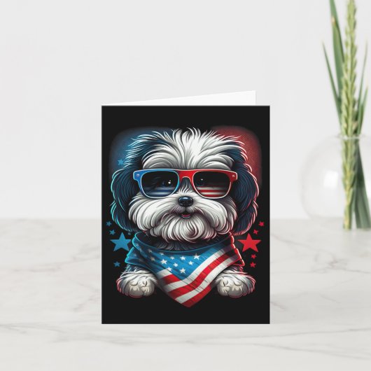 7月の愛国的なハバネーズ犬アメリカ国旗 カード (正面)