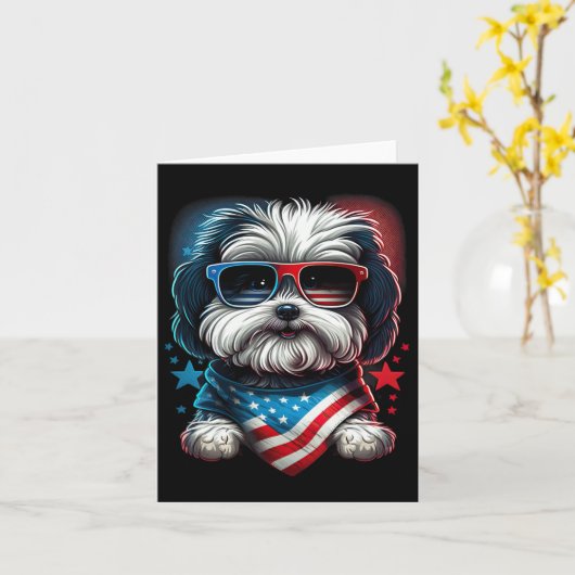 7月の愛国的なハバネーズ犬アメリカ国旗 カード (黄色い花)