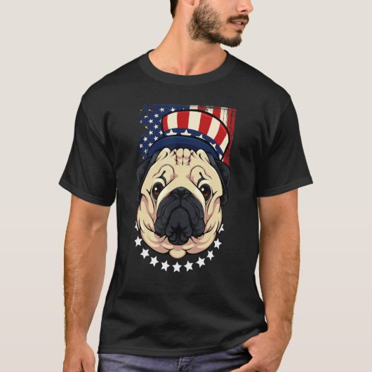 7月の愛国的なパグ4thかわいい犬のアメリカ国旗H Tシャツ (正面)