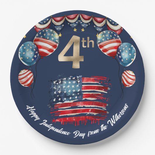 7月の愛国的な4日お祝いオンネイビーブルー ペーパープレート (正面)