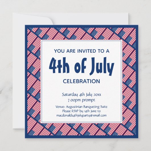 7月の愛国的な4thアメリカ国旗の青パーティー 招待状 (正面)