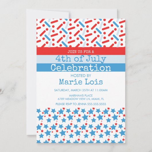 7月の愛国的な4thスターストライプズが振りかける 招待状 (正面)