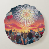 7月の愛国的な4th花火お祝い群集 ラウンドクッション (裏面)