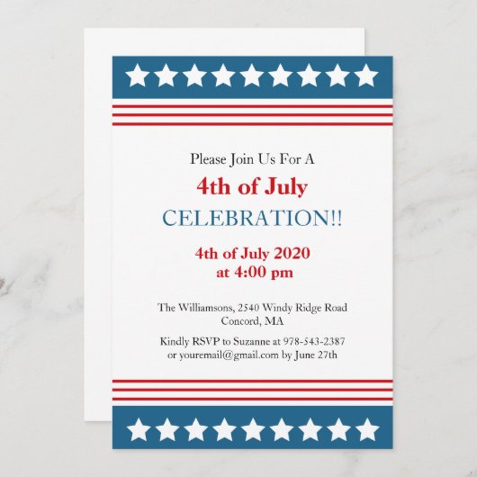 7月の愛国4日アメリカパーティー国旗 招待状 (正面/裏面)