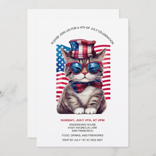 7月の招待状の4番目のアンクルサムハットと猫 セーブザデート (正面/裏面)