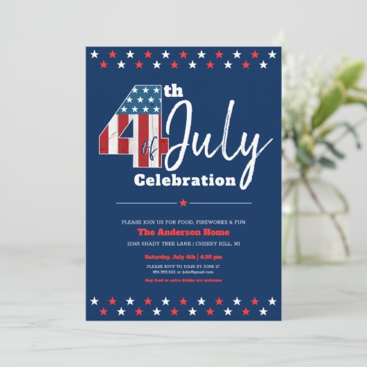 7月の海軍四日米国国旗の星はっきりしたモダン素朴 招待状 (スタンド正面)