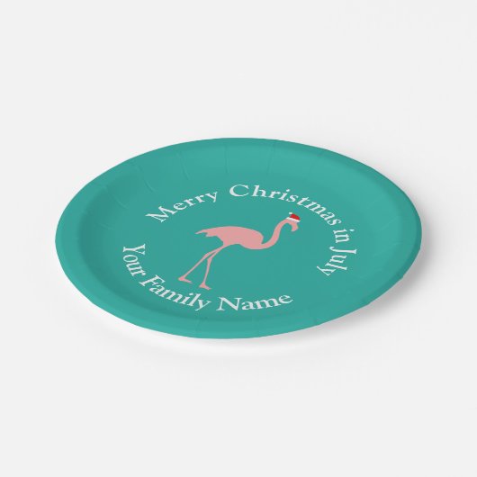 7月の熱帯クリスマスのピンクのフラミンゴサンタ ペーパープレート (アングル)