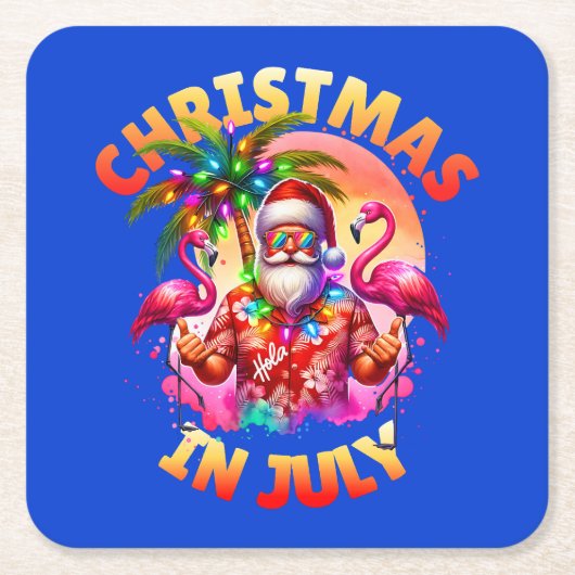 7月の熱帯クリスマスのヤシの木とフラミンゴ スクエアペーパーコースター (正面)