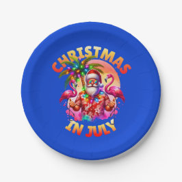 7月の熱帯クリスマスのヤシの木とフラミンゴ ペーパープレート