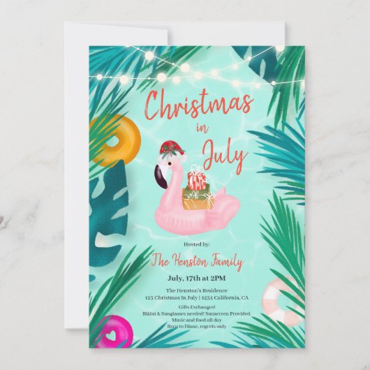 7月の熱帯プールパーティーフローターのクリスマス 招待状 (正面)
