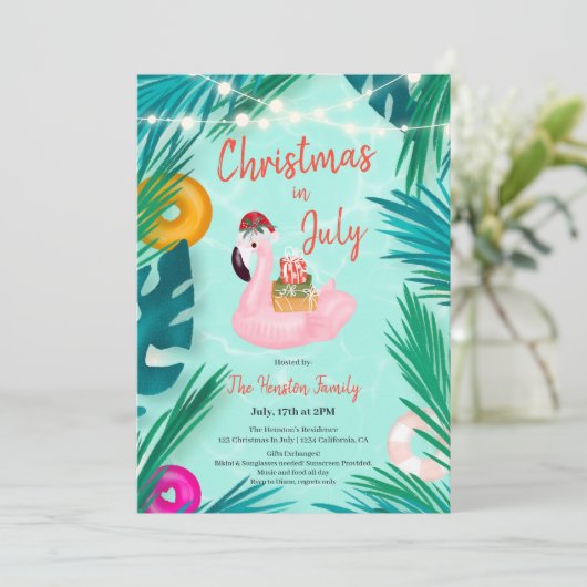 7月の熱帯プールパーティーフローターのクリスマス 招待状 (スタンド正面)