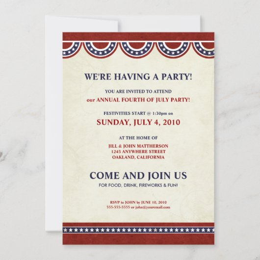 7月の独立記念日|のパーティの招待状の第4 招待状 (正面)