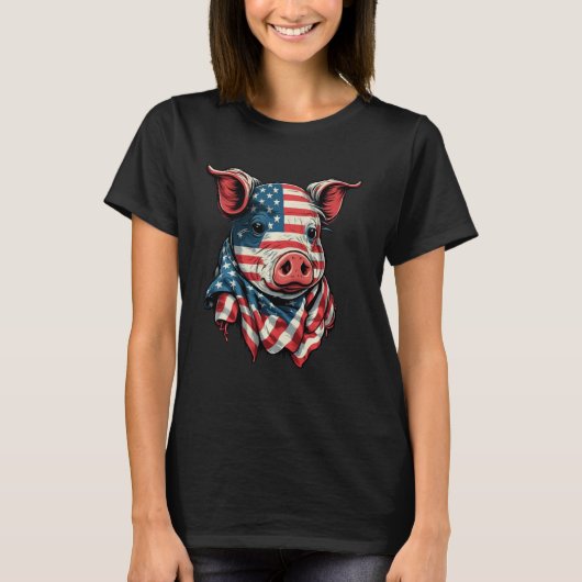 7月の米国4th豚の愛国的なアメリカの豚ロング tシャツ (正面)