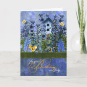 7月の誕生日のためのラークスパーガーデンのバーズハウス カード (正面)