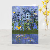 7月の誕生日のためのラークスパーガーデンのバーズハウス カード (黄色い花)