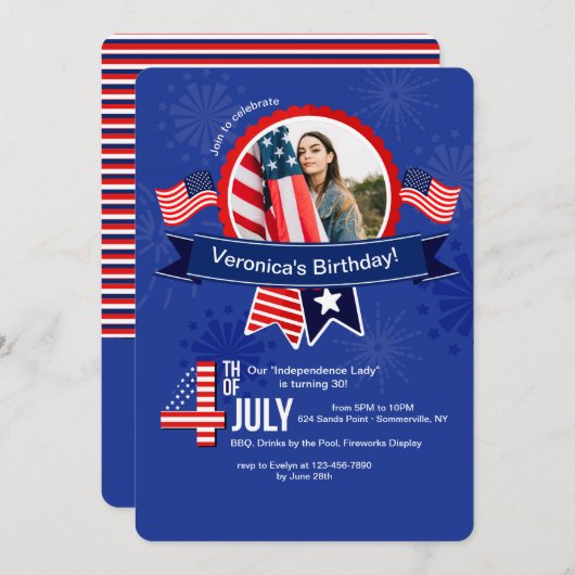 7月の誕生日の写真の招待状の第4 招待状 (正面/裏面)