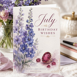 7月の誕生日カード 高貴なルビー デルフィニウムの花 カード