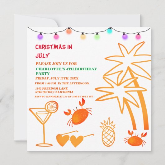 7月の誕生日パーティーでかわいいクリスマス 招待状 (正面)