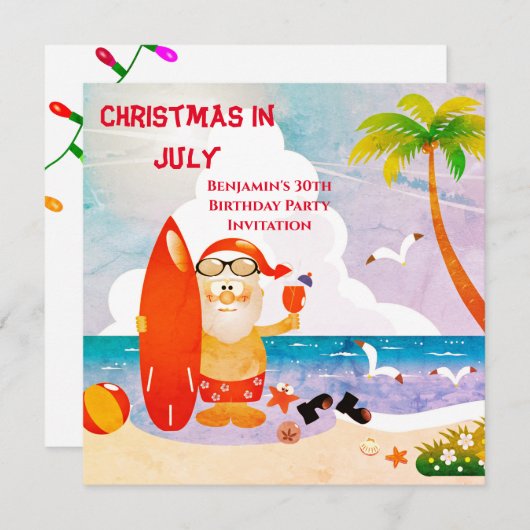 7月の誕生日パーティーでかわいいサンタクロースのクリスマス 招待状 (正面/裏面)