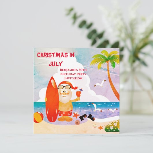 7月の誕生日パーティーでかわいいサンタクロースのクリスマス 招待状 (スタンド正面)
