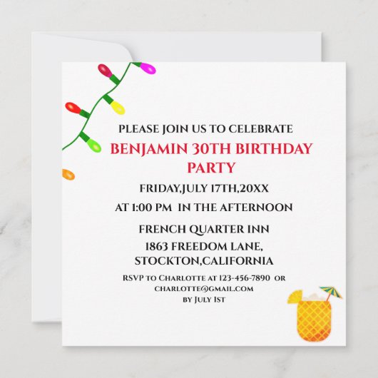 7月の誕生日パーティーでかわいいサンタクロースのクリスマス 招待状 (裏面)