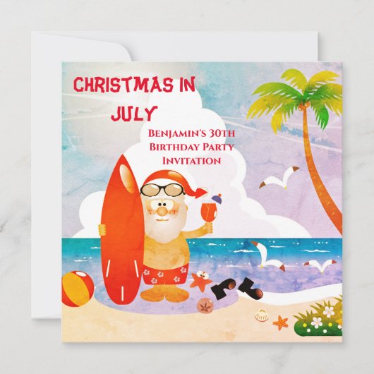 7月の誕生日パーティーでかわいいサンタクロースのクリスマス 招待状 (正面)