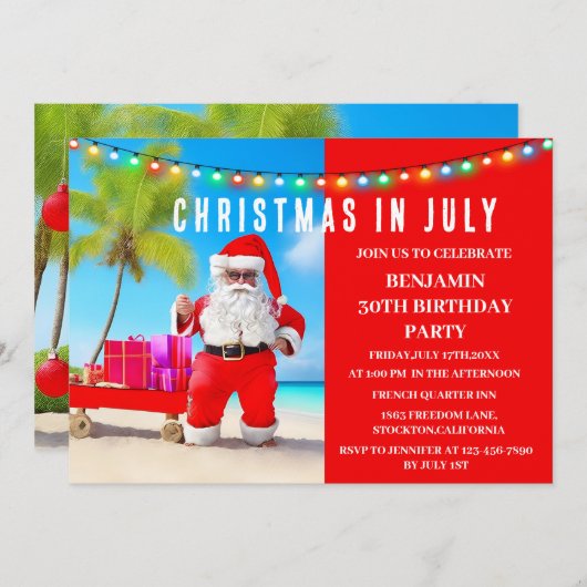 7月の誕生日パーティーのクリスマス 招待状 (正面/裏面)