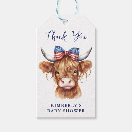 7月の赤ちゃんシャワーの愛国的な高地の牛4th ギフトタグ (正面)