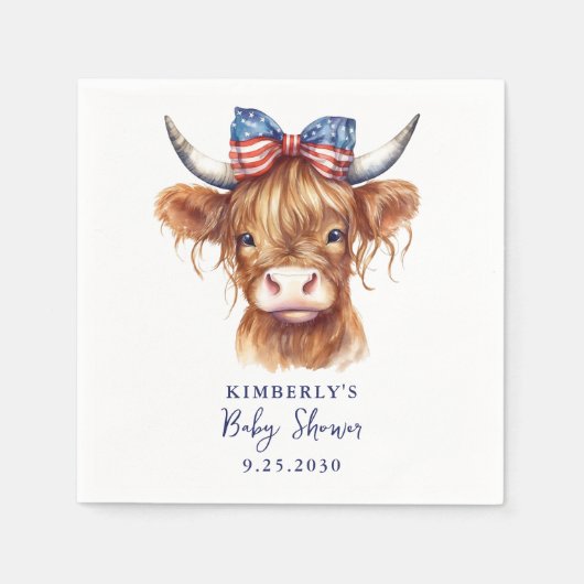 7月の赤ちゃんシャワーの愛国的な高地の牛4th スタンダードカクテルナプキン (正面)