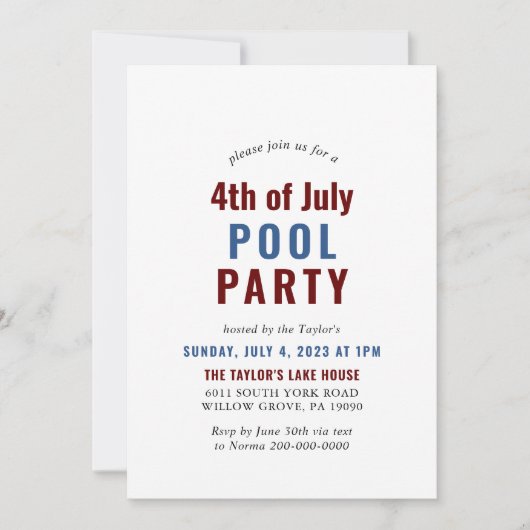 7月の青と白と赤の4番目のプールパーティー 招待状 (正面)