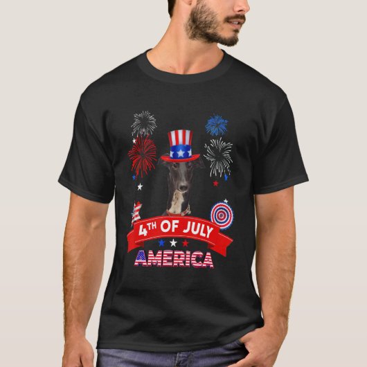 7月の4日デコール愛国愛グレイハウンド犬USA Tシャツ (正面)