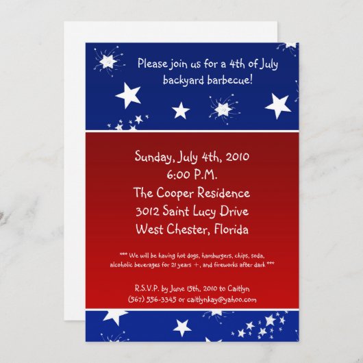 7月の5x7第4日パーティーバーベキュー招待状 招待状 (正面/裏面)