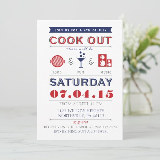 7月のCookoutの招待の食糧、おもしろいおよび音楽第4 招待状 (スタンド正面)