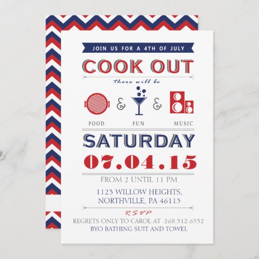 7月のCookoutの招待の食糧、おもしろいおよび音楽第4 招待状 (正面/裏面)