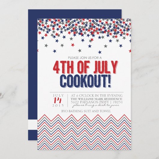 7月のCookoutの招待状のモダンで愛国心が強い第4 招待状 (正面/裏面)