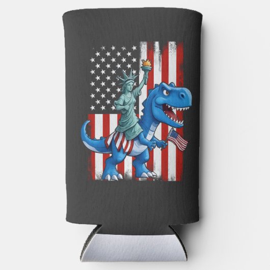 7月アメリカ国旗の恐竜の像の自由4 スリム缶クーラー (正面)