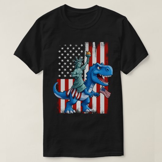 7月アメリカ国旗の恐竜の像の自由4 Tシャツ (デザイン正面)
