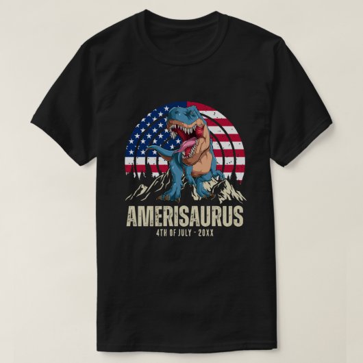 7月アメリカ国旗の愛国心のアメリザウルス4日 Tシャツ (デザイン正面)