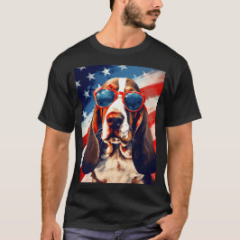 7月アメリカ国旗Basset Hound 4th Tシャツ