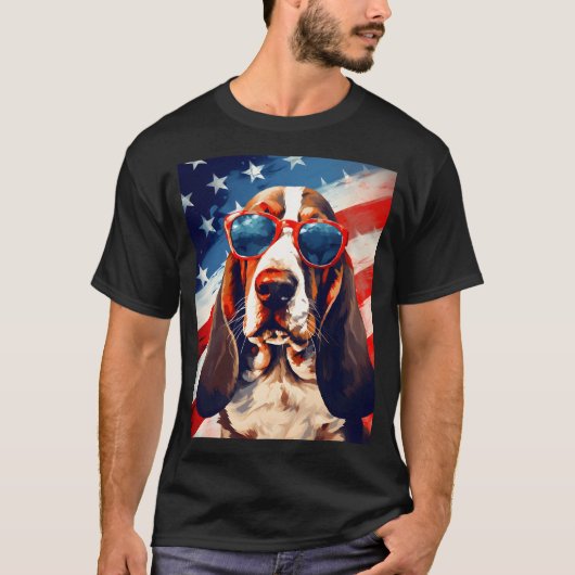 7月アメリカ国旗Basset Hound 4th Tシャツ (正面)